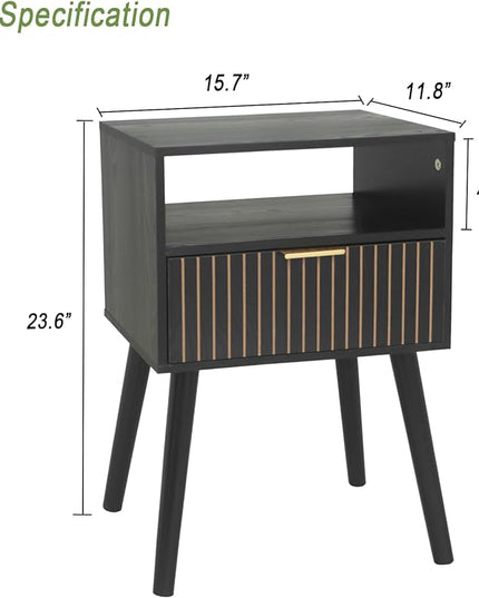 MaxSmeo Black Nightstand with Drawer, Mid Century Modern Bedside Table with Open Shelf Storage, End Table with Solid Wood Legs, Black - LeafyLoom