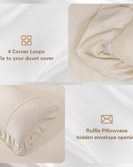 Beige Double Ruffle Comforter Set Full Size (79x90 Inch), 3 Pcs Farmhouse Vintage Cream Comforter Set (1 Ruffled Comforter and 2 Pillowcase), Rustic All Season Down Alternative Bedding Set - LeafyLoom