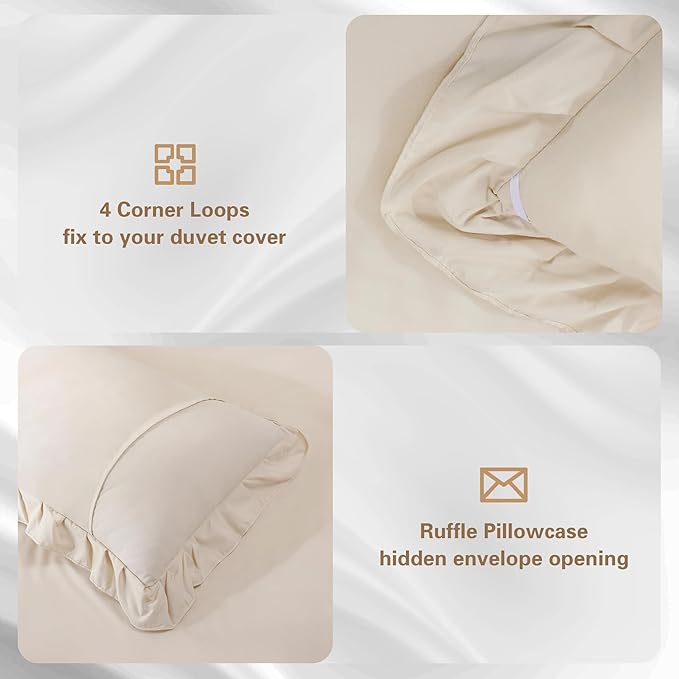 Beige Double Ruffle Comforter Set Full Size (79x90 Inch), 3 Pcs Farmhouse Vintage Cream Comforter Set (1 Ruffled Comforter and 2 Pillowcase), Rustic All Season Down Alternative Bedding Set - LeafyLoom