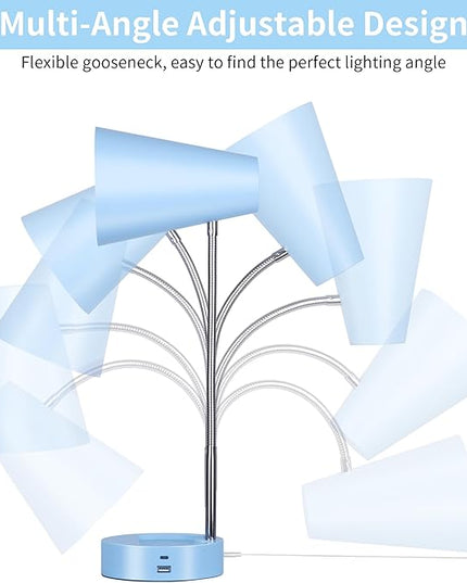 RUNTOP Metal Desk Lamp, Eye-Caring Table Lamp, Study Lamps with Flexible Goose Neck for Bedroom and Office, Desk lamp with USB, 5 Color Temperatures, 5 Brightness Levels (Blue) - LeafyLoom