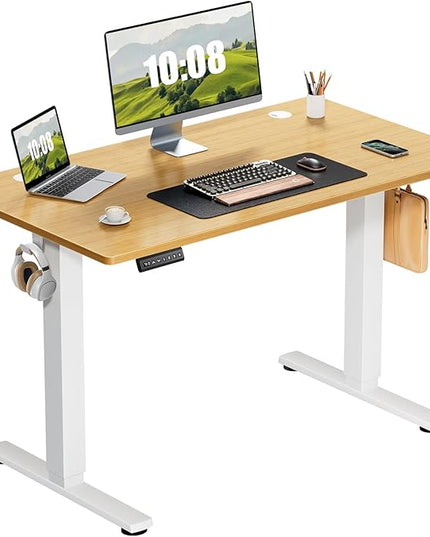 Sweetcrispy Electric Adjustable Height Standing Desk - 40 x 24 inch Sit to Stand Up Desk with Splice Board, Rising Home Office Computer Table with 2 Hook and Wire Hole for Work - LeafyLoom