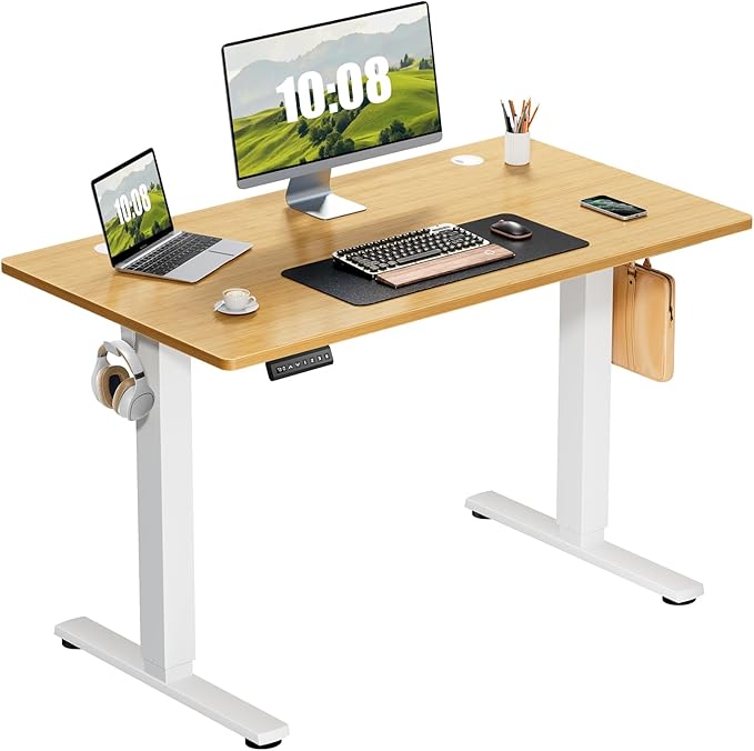 Sweetcrispy Electric Adjustable Height Standing Desk - 40 x 24 inch Sit to Stand Up Desk with Splice Board, Rising Home Office Computer Table with 2 Hook and Wire Hole for Work - LeafyLoom