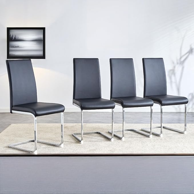NicBex Dining Chairs Set of 4 Modern Faux Leather High Back Dining Chair Dining Room Kitchen Chairs wwith Silver Metal Base,Chairs for Dining Room, Kitchen,Living Room, and Restaurants,Black - LeafyLoom