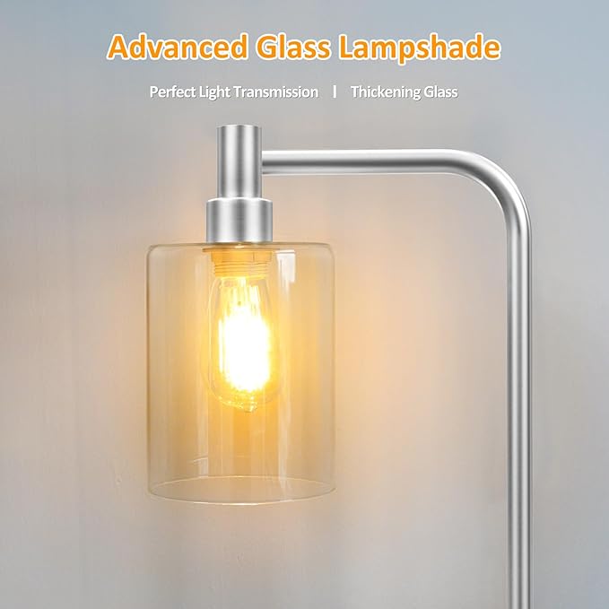 Stepless Dimmable Floor Lamps with Glass Lampshade Modern Standing Lamps with 6W LED Bulb Bright Corner Lamp Tall Pole Lamps for Living Room Bedroom Office Study Room Farmhouse, Silver - LeafyLoom