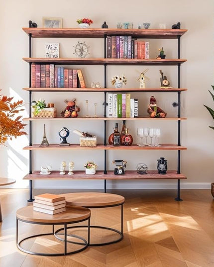 Industrial Ladder Shelf Bookcase, Wall Mounted Rustic Bookshelf, Retro Wood Metal Pipe Industrial Shelves for Living Room(Weathered Brown, 6 Tier - 10" D x 70" W x 82.5" H) - LeafyLoom