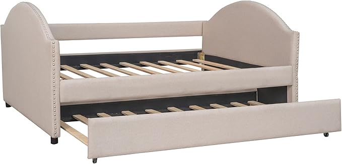 Full Size Upholstered Daybed with Twin Size Trundle, Wood Slat Support, Beige - LeafyLoom
