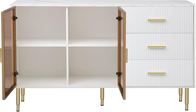 Modern Sideboard MDF with Marble Sticker Tabletop and Amber-Yellow Tempered Glass Doors,Freestanding Buffet Storage Cabinet,W/Gold Metal Legs & Handles,for Dining Room,Kitchen,White, 60" - LeafyLoom