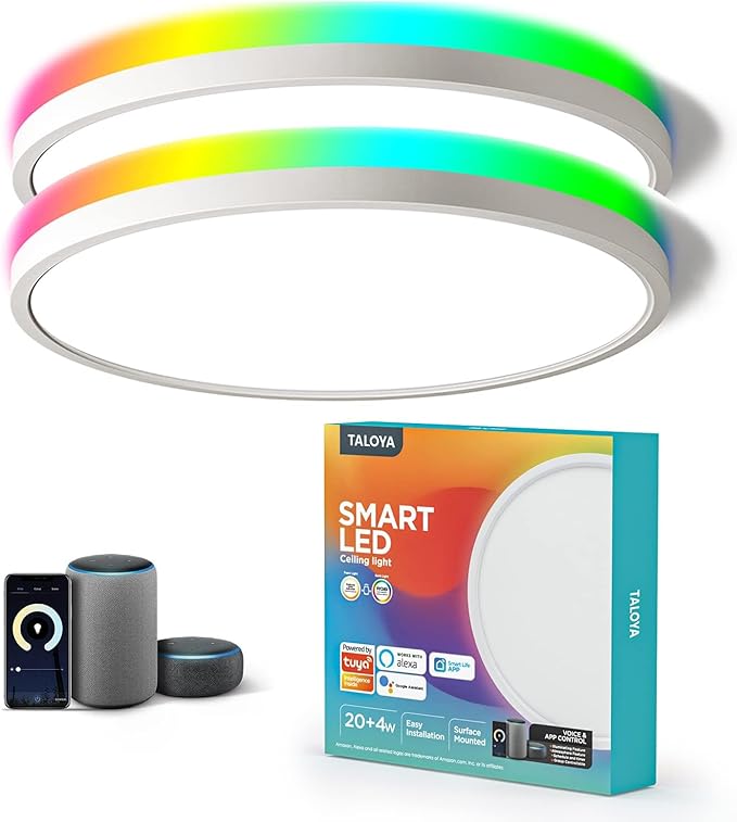 TALOYA Compatible with Alexa Flush Mount Ceiling Light, 12 inch RGB Ambient Light, Day Light 3000K~6500K Adjustable by App, equivs to 200W Traditional lamp for Living Room, Bedroom, 2-Pack Taloya