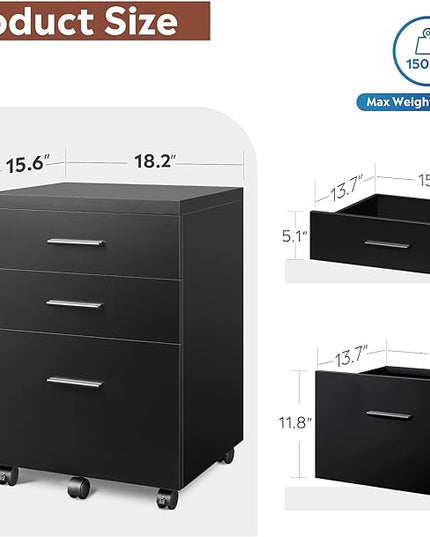 DEVAISE 3 Drawer File Cabinet for Home Office, Wood Under Desk Filing Cabinet, Rolling Printer Stand with Wheels, Black - LeafyLoom