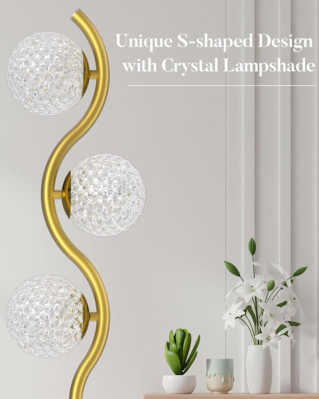 Lightdot Dimmable Brass Crystal Floor Lamp, Gold Standing Lamps for Living Room, 3PCS 3000K G9 Bulbs Included, Mid Century Modern Globe Floor Lamp for Bedroom Home Decor - LeafyLoom