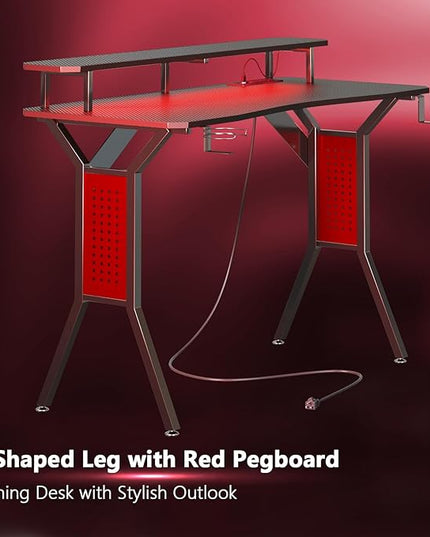 Gaming Desk with Power Outlets & LED Strip Lights,Computer Desk with Large Monitor Stand, Gamer Workstation with Stylish Metal Legs,Headphone Hook&Cup Holder for Home Office - LeafyLoom