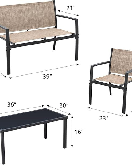 Greesum 4 Pieces Patio Furniture Set Outdoor Conversation Textilene Fabric Chairs for Lawn, Garden, Balcony, Poolside with A Glass Coffee Table, Beige - LeafyLoom