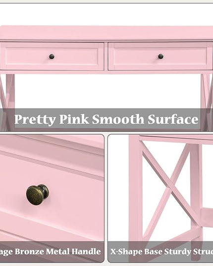 Writing Computer Desk with Drawers, Cute Modern Table for Bedrooms, Pink Vanity Table Office Desk with Drawers, Home Computer Desk for Girls Living Room Entryway, Pink - LeafyLoom