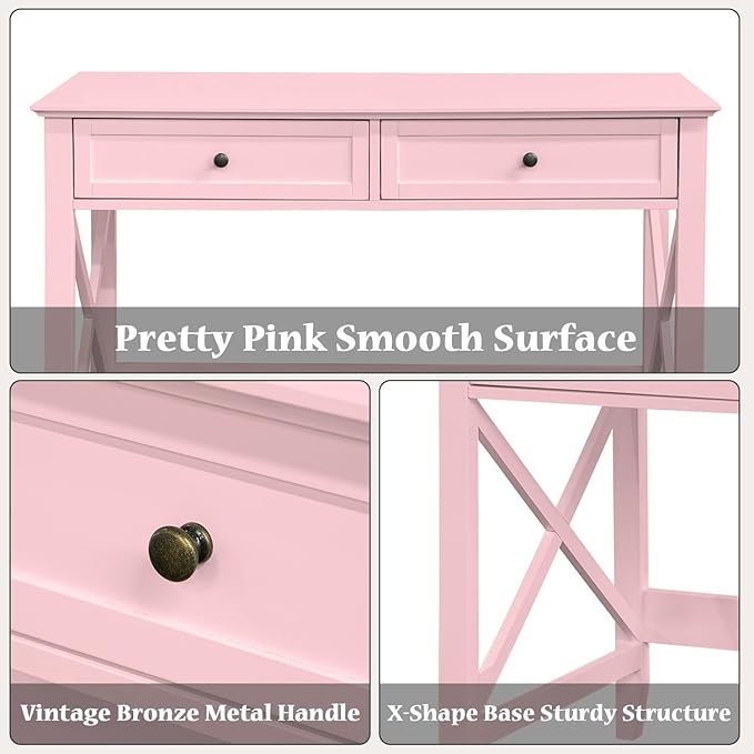 Writing Computer Desk with Drawers, Cute Modern Table for Bedrooms, Pink Vanity Table Office Desk with Drawers, Home Computer Desk for Girls Living Room Entryway, Pink - LeafyLoom