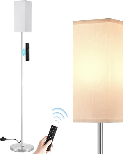 Ambimall Remote Control Floor Lamp, Stepless Dimmable, 64 Inches Tall, Include 9W Bulb, Standing Lamp for Living Room Bedroom Office (White & Sliver) - LeafyLoom