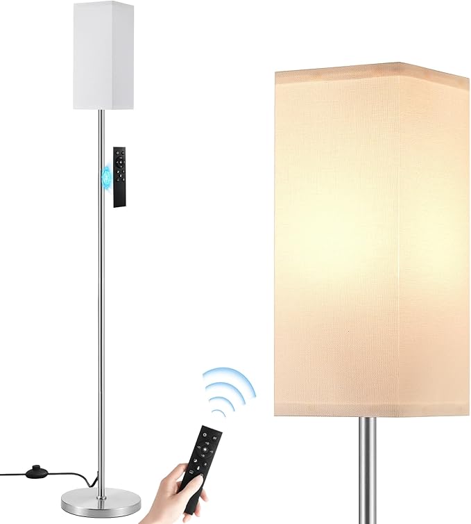 Ambimall Remote Control Floor Lamp, Stepless Dimmable, 64 Inches Tall, Include 9W Bulb, Standing Lamp for Living Room Bedroom Office (White & Sliver) - LeafyLoom