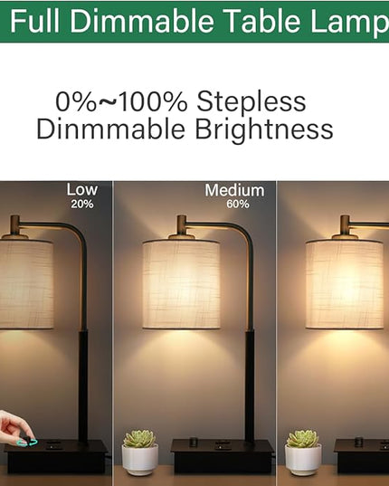Bedside Table Lamp with USB Ports and Outlet, Lamp for Nightstand Fully Dimmable Fabric Shade Lamp, Desk Lamp for Bedroom Guestroom Living Room & Hotel LED Bulb Included - LeafyLoom