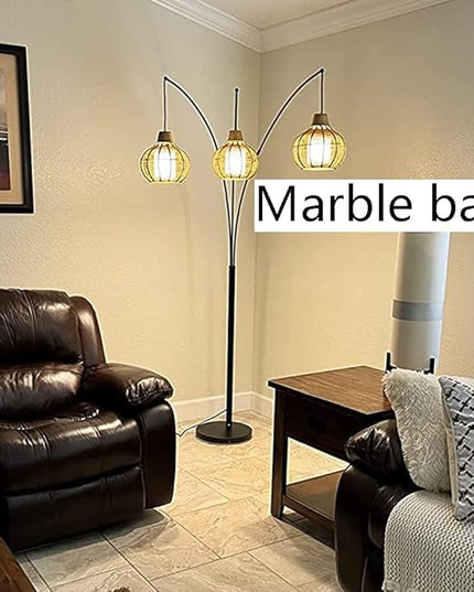 Depuley 3-Light LED Arc Floor Lamps, Adjustable Modern Tall Standing Reading Lamp with Bamboo Lampshades & Marble Base, Rattan Floor Lamp for Living Room Bedroom Office Study, E26 Bulbs Included - LeafyLoom