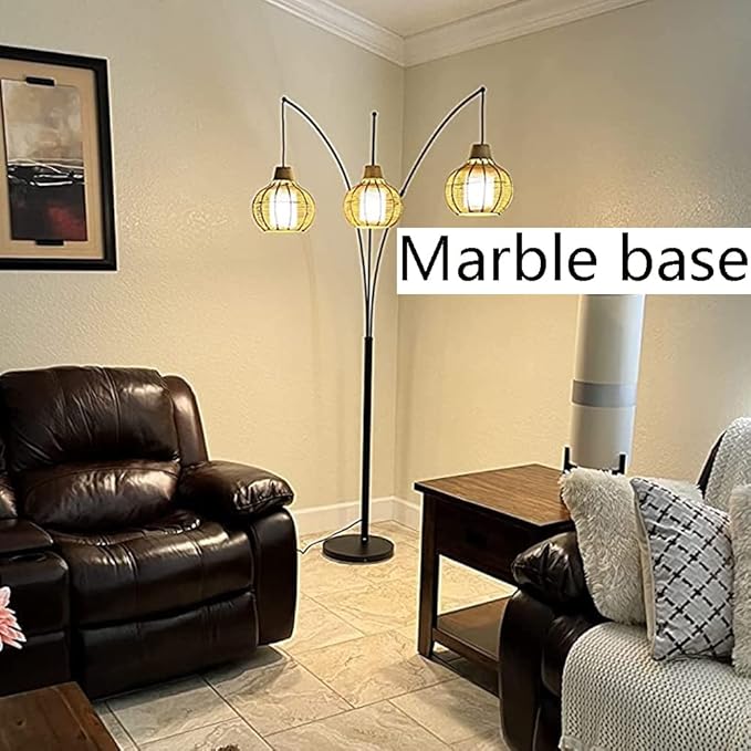 Depuley 3-Light LED Arc Floor Lamps, Adjustable Modern Tall Standing Reading Lamp with Bamboo Lampshades & Marble Base, Rattan Floor Lamp for Living Room Bedroom Office Study, E26 Bulbs Included - LeafyLoom