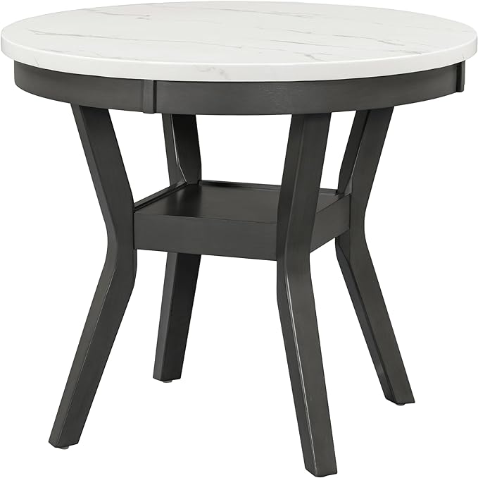 5-Piece Retro Round Dining Table Set with Faux Marble Veneer and Bottom Shelf, 4 PU Leather Upholstered Chairs, for Kitchen, Breakfast Nook, Bar, Living Room, Gray, 35" L x 35" W x 30" H - LeafyLoom
