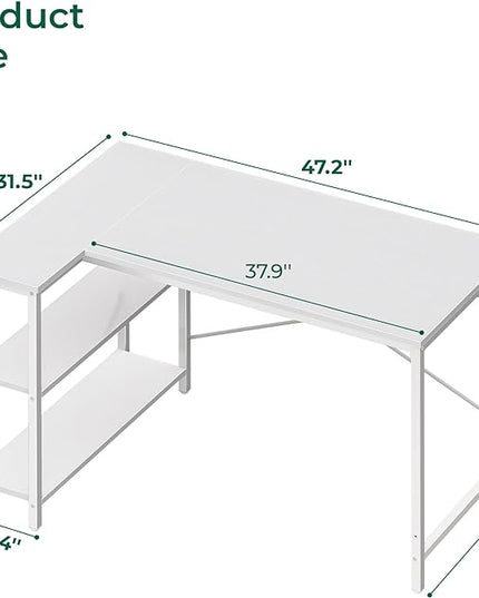 L Shaped Desk, 47 Inches Computer Desk with Reversible Storage Shelves, Gaming Desk, Corner Desk Home Office Desks, Writing Desk Study Desk with Metal Frame, White - LeafyLoom