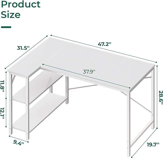 L Shaped Desk, 47 Inches Computer Desk with Reversible Storage Shelves, Gaming Desk, Corner Desk Home Office Desks, Writing Desk Study Desk with Metal Frame, White - LeafyLoom