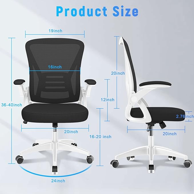 naspaluro Ergonomic Office Chair, Mid-Back Computer Chair with Adjustable Height, Flip-Up Arms and Lumbar Support, Breathable Bright White Mesh Desk Chair for Home Study Working - LeafyLoom