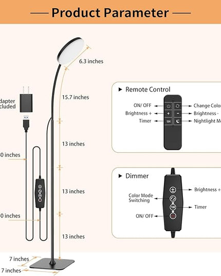 Floor Lamp with Remote, [1H Timer] Lightweight LED Reading Lamp Floor Standing, 3 Color and 10 Brightness Dimmable Gooseneck Light for Woking Studying Sewing Drawing Crafting Drafting Makeup - LeafyLoom