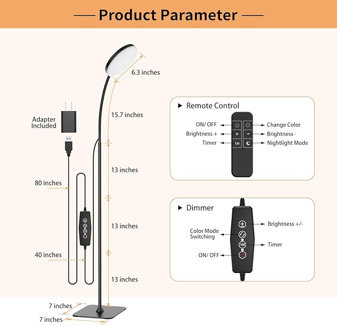 Floor Lamp with Remote, [1H Timer] Lightweight LED Reading Lamp Floor Standing, 3 Color and 10 Brightness Dimmable Gooseneck Light for Woking Studying Sewing Drawing Crafting Drafting Makeup - LeafyLoom