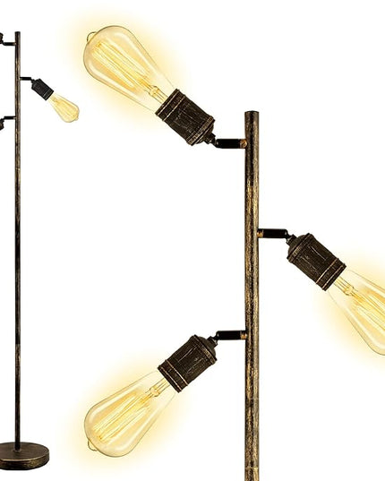 Industrial Floor Lamp, Standing Lamp, Bronze Finish Tree Floor Lamp with 3 Adjustable Rotating Lights, E26 Edison Bulb Floor Lamp for Living Room, Bedroom, Home, Office(Bulb not Included) - LeafyLoom
