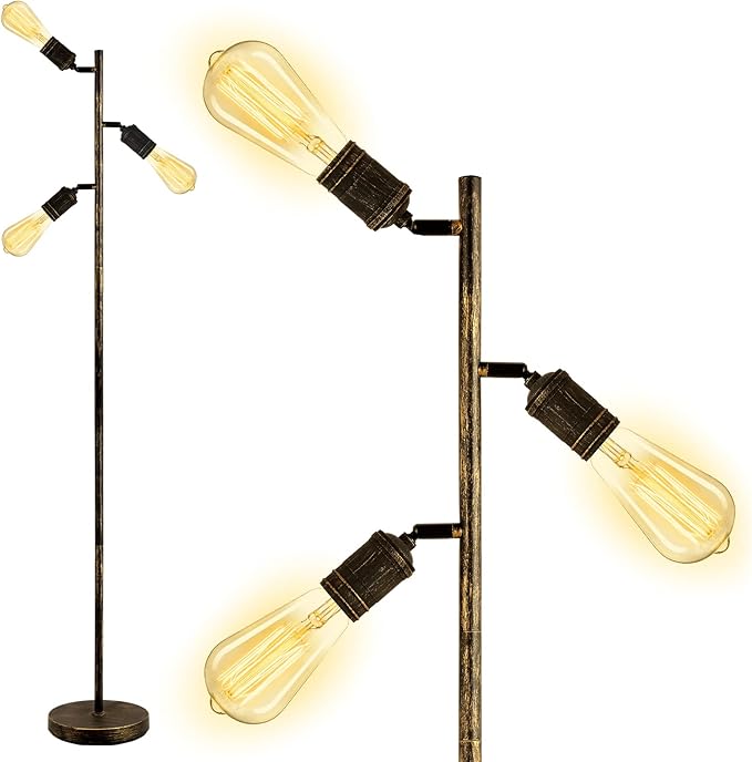 Industrial Floor Lamp, Standing Lamp, Bronze Finish Tree Floor Lamp with 3 Adjustable Rotating Lights, E26 Edison Bulb Floor Lamp for Living Room, Bedroom, Home, Office(Bulb not Included) - LeafyLoom