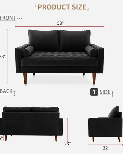 Velvet Furniture for Small Spaces, Mid-Century Modern Loveseats for Living Room, Love Seat Couch Sofas, 58 Inches, Black - LeafyLoom