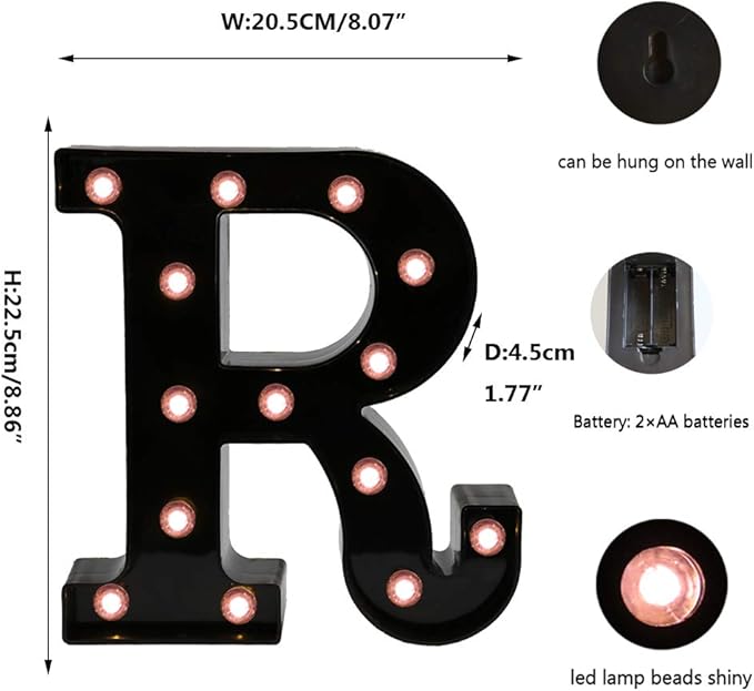 Light Up Black Alphabet Marquee Letters Sign LED Marquee Number Lights Sign for Night Light Home Bar Christmas Lamp Birthday Party Wedding Decoration R - LeafyLoom