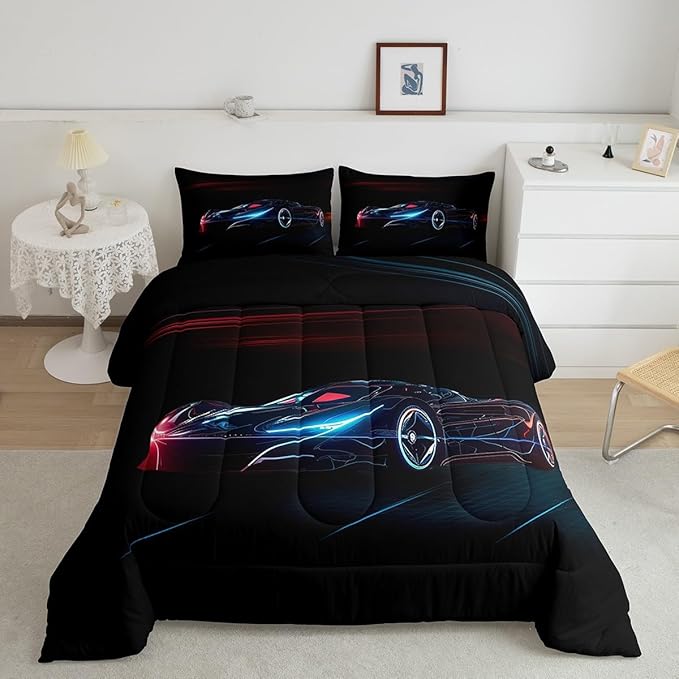 Feelyou Red Blue Race Car Bedding Set King Size for Kids Boys Extreme Sport Games Comforter Set Teens Toddler Fast and Furious Duvet Set Cool Modern Quilt Set 3Pcs - LeafyLoom