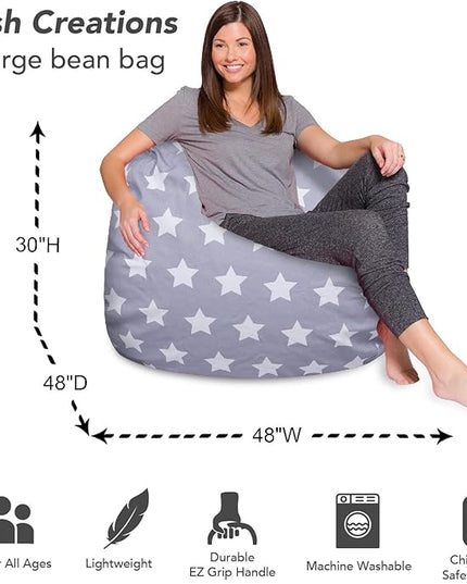 Posh Creations Bean Bag Chair for Kids, Teens, and Adults Includes Removable and Machine Washable Cover, Canvas White Stars on Gray, 48in - X-Large - LeafyLoom