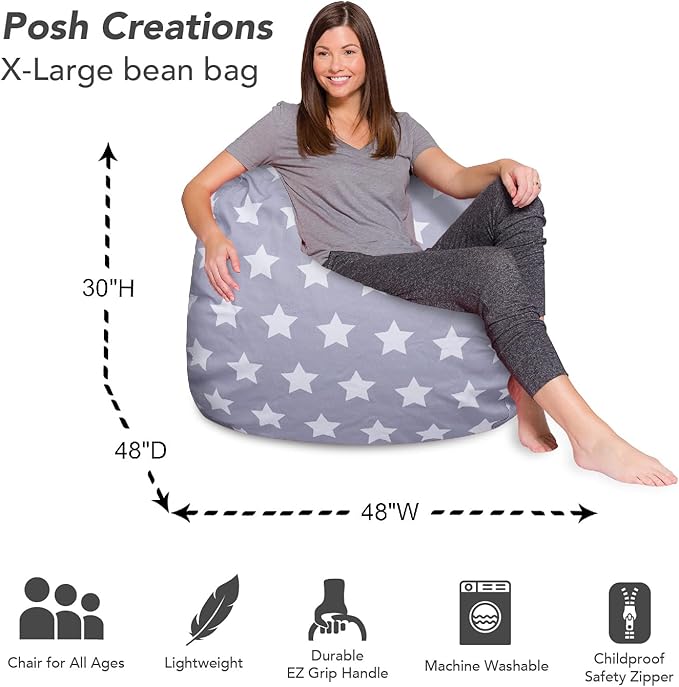 Posh Creations Bean Bag Chair for Kids, Teens, and Adults Includes Removable and Machine Washable Cover, Canvas White Stars on Gray, 48in - X-Large - LeafyLoom
