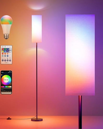 Floor Lamps for Living Room, Modern Floor Lamp with RGB LEDs Bulb,Dimmable Floor Lamp with App Control & Remote Control,Tall Reading Lamp for Bedroom, Living Room, Office,Linen lampshade - LeafyLoom