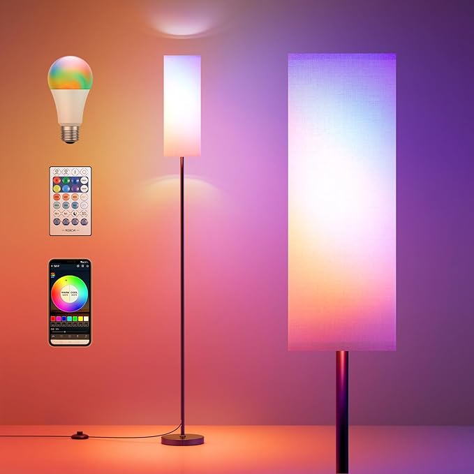 Floor Lamps for Living Room, Modern Floor Lamp with RGB LEDs Bulb,Dimmable Floor Lamp with App Control & Remote Control,Tall Reading Lamp for Bedroom, Living Room, Office,Linen lampshade - LeafyLoom