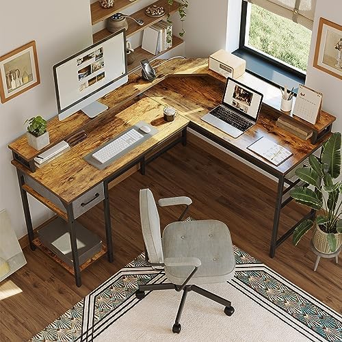 CubiCubi L Shaped Gaming Desk with LED Lights and Power Outlets, 58" Reversible Corner Computer Desk with Storage Shelves and Drawer, Home Office Desk with Monitor Stand, Rustic Brown - LeafyLoom