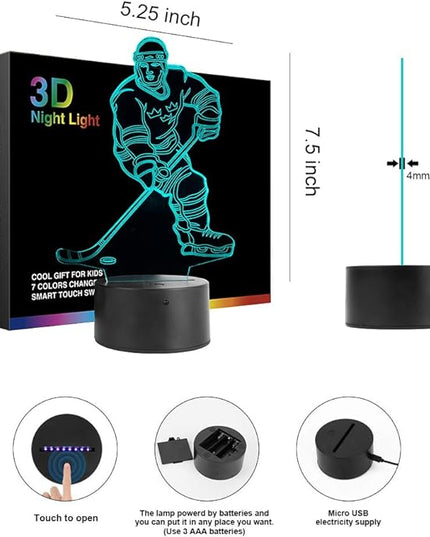 Hockey Player 3D Night Light Lamps for Kids 7 LED Color Changing Touch Table Desk Lamps Lighting Cool Toys Gifts Birthday Xmas Decoration for Sports Hockey Fan - LeafyLoom