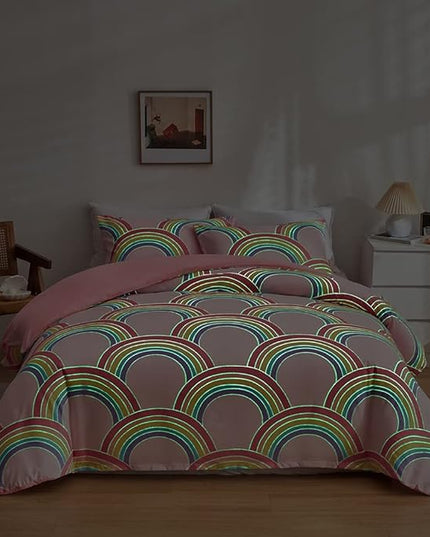 Feelyou Rainbow Glow in The Dark Comforter Set for Girls Kids Twin Pink Rainbow Bedding Set Super Soft Colorful Stripe Mermaid Scales Comforter Baby Girl Bedroom Pink Decor Bedding Quilted Duvet - LeafyLoom