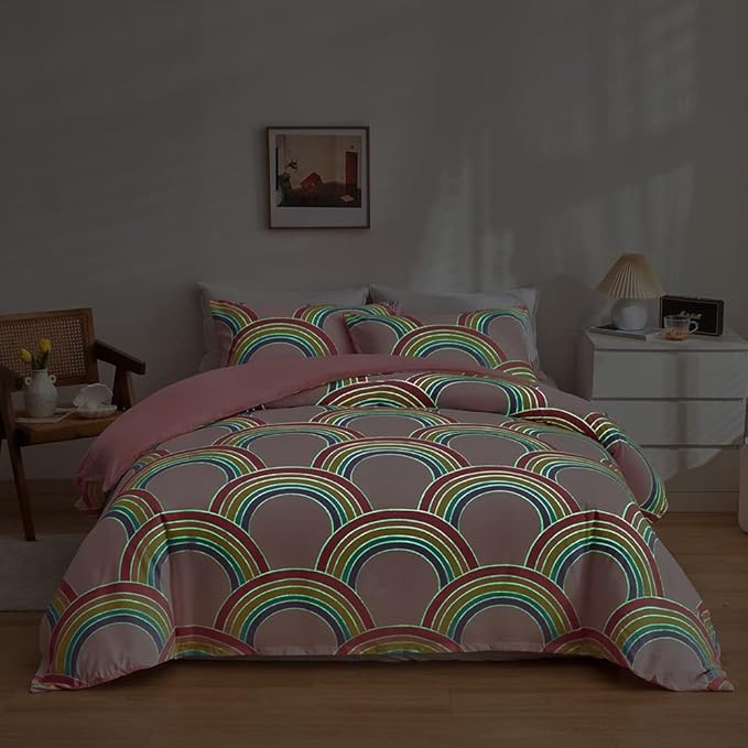 Feelyou Rainbow Glow in The Dark Comforter Set for Girls Kids Twin Pink Rainbow Bedding Set Super Soft Colorful Stripe Mermaid Scales Comforter Baby Girl Bedroom Pink Decor Bedding Quilted Duvet - LeafyLoom