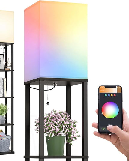 addlon Floor Lamp with Shelves with LED Smart RGB Bulb, 5-Tier Modern Shelf Display for Living Room, Bedroom and Office - Black - LeafyLoom