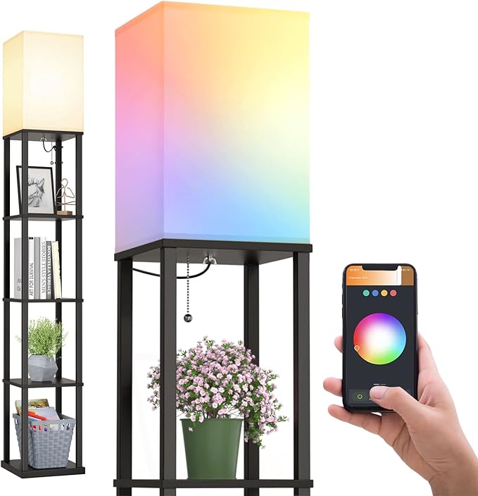 addlon Floor Lamp with Shelves with LED Smart RGB Bulb, 5-Tier Modern Shelf Display for Living Room, Bedroom and Office - Black - LeafyLoom