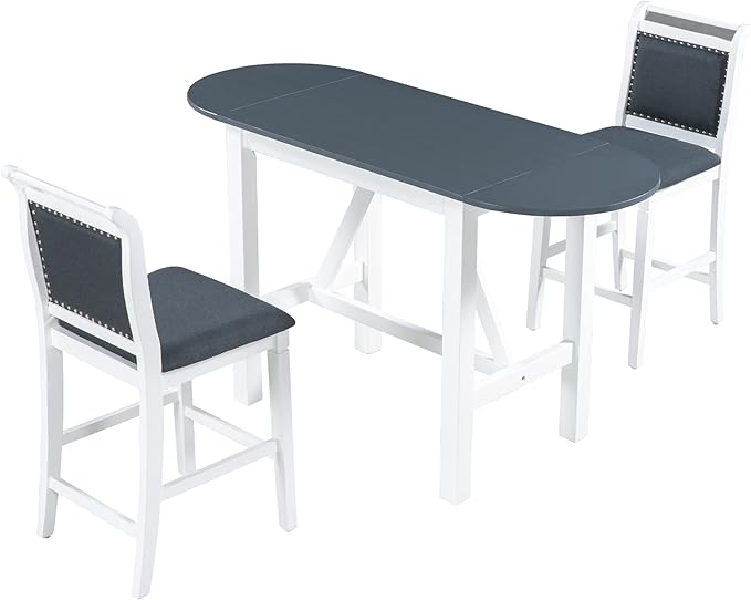 Voohek, Small 3-Piece Counter Height Dining Table Set, with Drop Leaf, 2 Upholstered Chairs, Space, Bar, Home Kitchen Breakfast, White - LeafyLoom