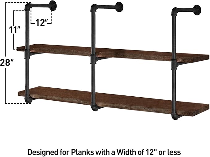 HITOMEN Industrial Iron Pipe Shelves, 3 Set 3-Tier, 28" Tall, 12" Depth, DIY Open Bookshelf Bookcase, Wall Mounted Vintage Retro Shelving, Rustic Farmhouse Pantry Kitchen Storage, Black Shelf Brackets - LeafyLoom