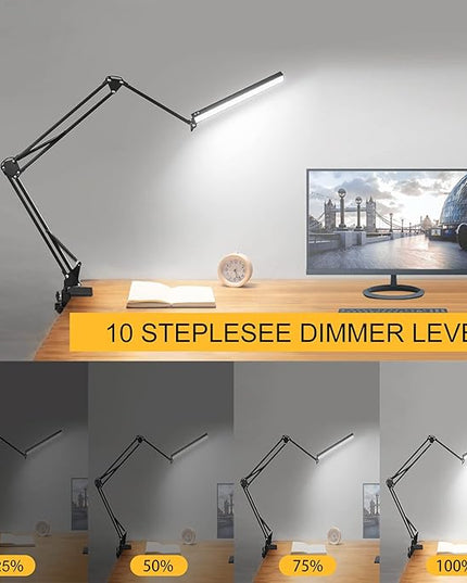 Desk Lamps for Home Office, 2-in-1 LED Desk Lamp, 3-Section Long Arm Desk Light with Clamp and Base, Adjustable Table Lamp with 3 Colors Modes, 10 Dimmer Levels and Memory Function - LeafyLoom