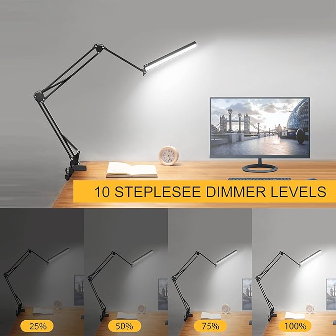Desk Lamps for Home Office, 2-in-1 LED Desk Lamp, 3-Section Long Arm Desk Light with Clamp and Base, Adjustable Table Lamp with 3 Colors Modes, 10 Dimmer Levels and Memory Function - LeafyLoom