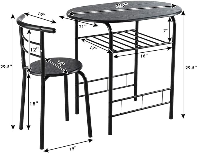 LUARANE 3 Piece Dining Table Set, Small Dining Table for 2 w/Metal Frame & Wine Rack, Breakfast Nook Table Set for Home Bistro Pub Apartment Kitchen Dining Room Cafe (Black) - LeafyLoom