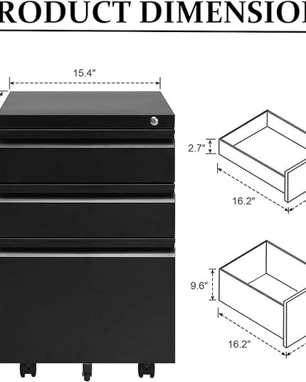 3-Drawer Mobile File Cabinets Rolling Metal Filing Cabinet for Legal & Letter File Anti-tilt Design with Lock Under Desk Office Drawers Fully Assembled Except Casters Black - LeafyLoom